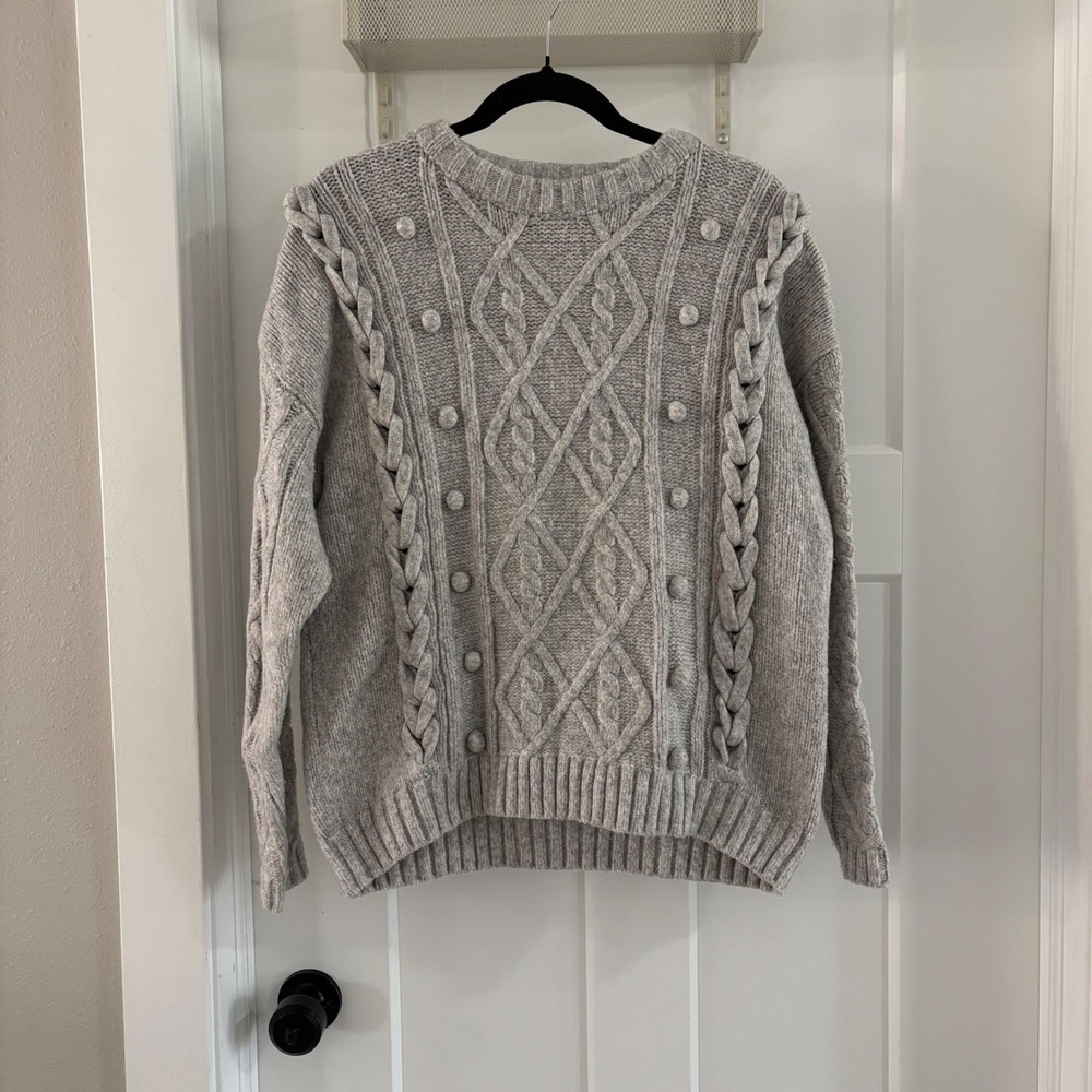 Line & Dot Mila Cable Knit Sweater Gray Pom Pom Crew Neck Pullover LT2584L M